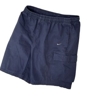Vintage Nike Cargo Shorts Y2K Drawstring Elastic Waist Navy Blue Mini Swoosh L